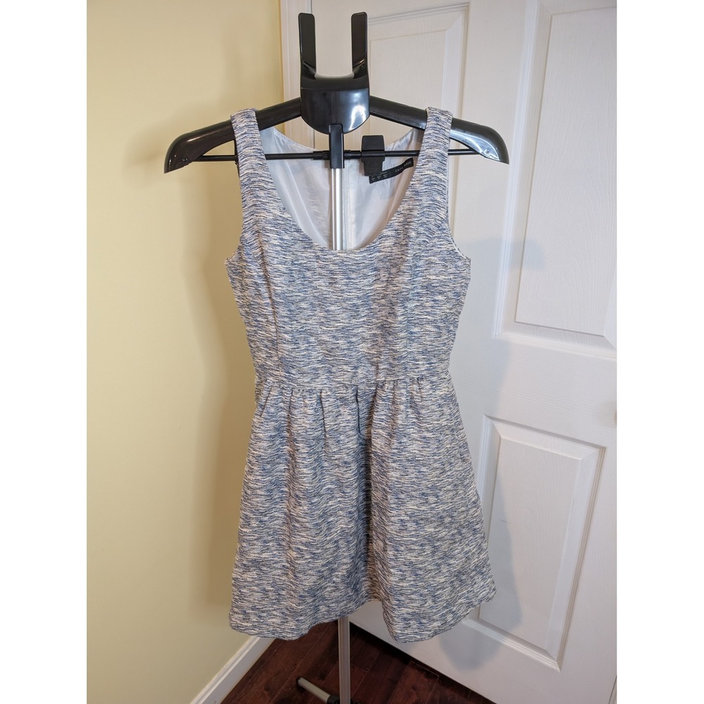 Zara Basic Tweed Dress Blue White Linen Blend Textured Sleeveless Tulip - Size S
